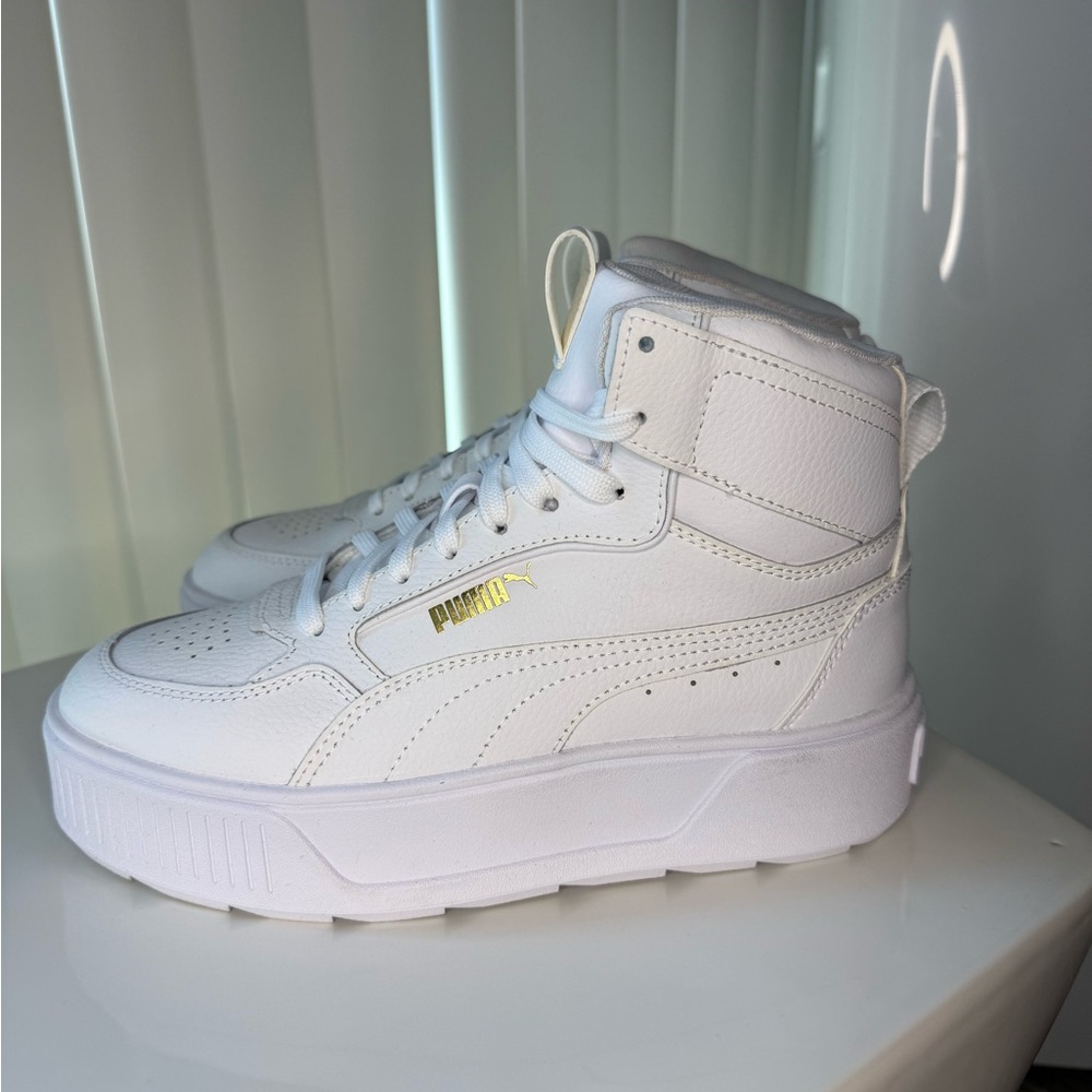 Puma White High-Top Platform Sneakers with Gold Logo